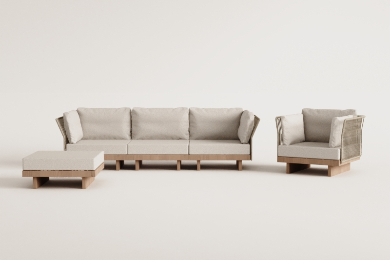 3-piece modular garden set with 2 corner chairs, armchair, and pouf in acacia wood Dailin