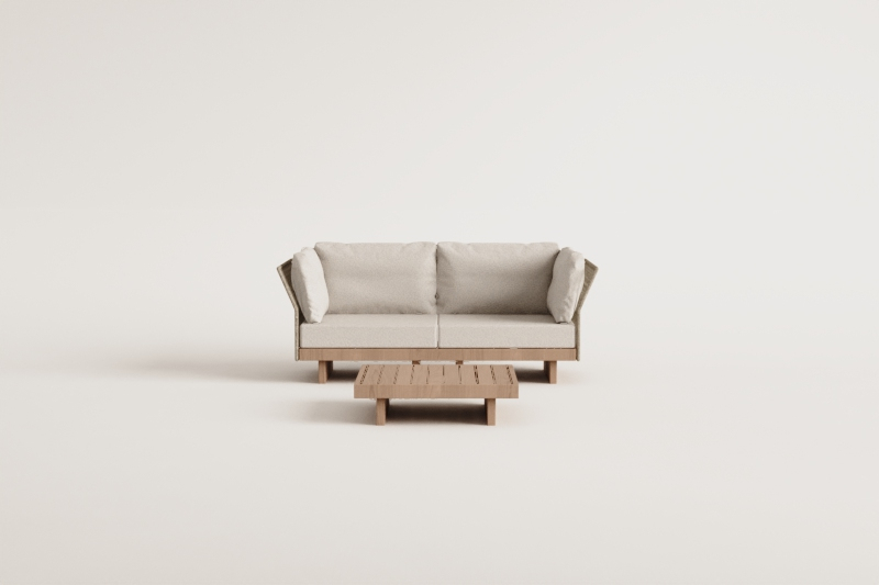 Living room set with 2-piece modular sofa with 2 corner armchairs and coffee table in Dailin acacia wood