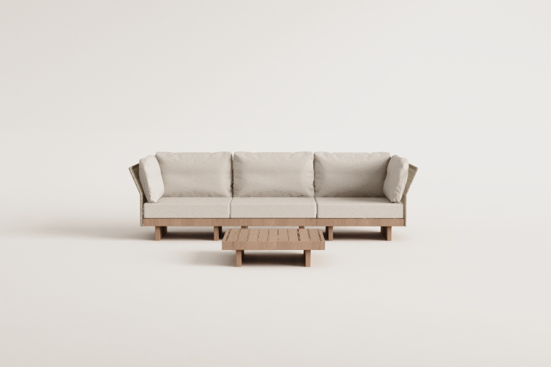 Living room set with 3-piece modular sofa with 2 corner armchairs and coffee table in Dailin acacia wood