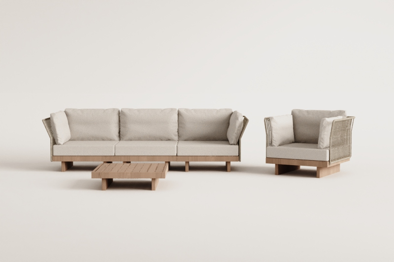 Dailin 3-Piece Modular Sofa Set with 2 Corner Chairs, Coffee Table and Armchair in Acacia Wood