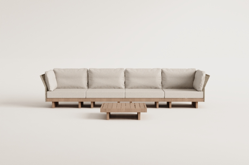 Dailin 4-Piece Modular Sofa Living Room Set with 2 Corner Armchairs and Coffee Table in Acacia Wood
