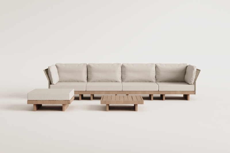 Living room set with 4-piece modular sofa with 2 corner armchairs, coffee table and ottoman in Dailin acacia wood