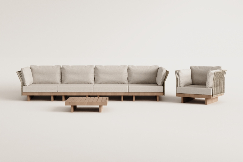 Living room set with 4-piece modular sofa with 2 corner armchairs, coffee table and armchair in Dailin acacia wood