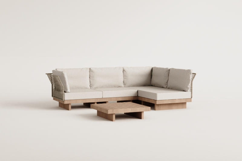 Living room set with 4-piece modular corner sofa and coffee table in Dailin acacia wood