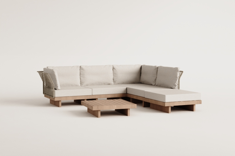 Garden set with a 4-piece modular corner sofa, coffee table, and ottoman in Dailin acacia wood.