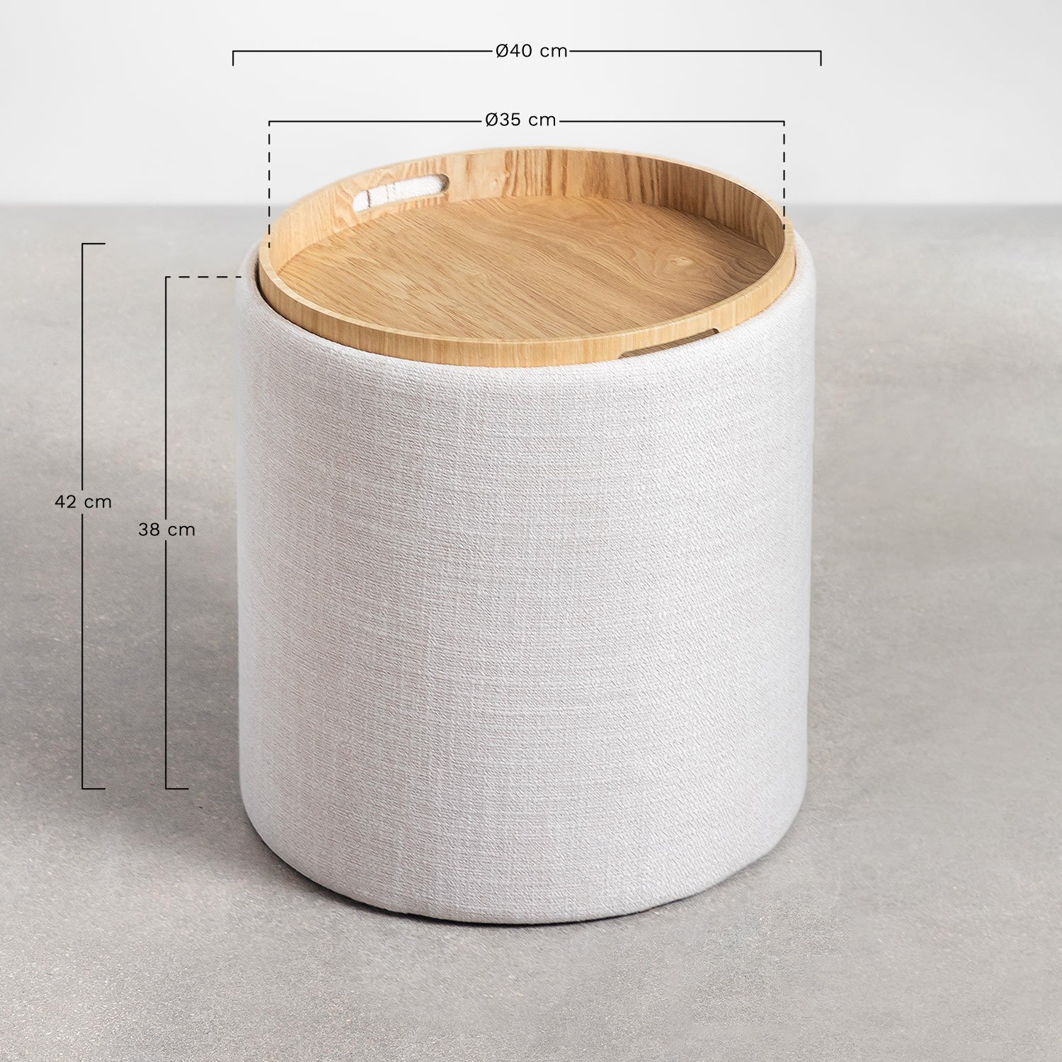 Berkeleni round upholstered side table with tray and storage, Ø40 cm, medidas