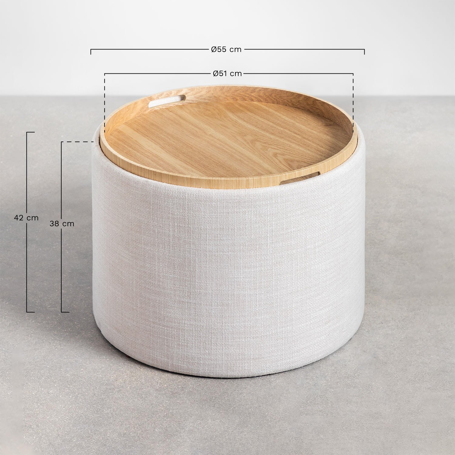 Berkeleni round upholstered coffee table with tray and storage, medidas