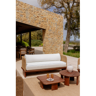 Garden Set With 3-seater Sofa And 2 Coffee Tables In Rattan And Acacia Wood Famara Acacia Brown - Sklum