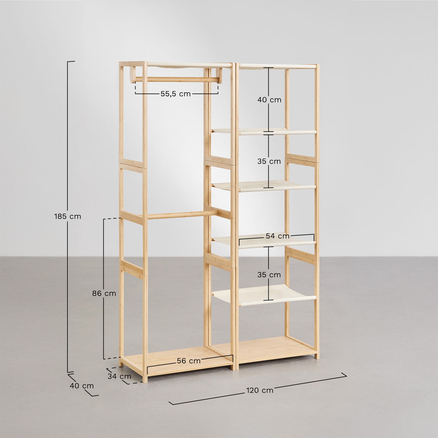 Deneb Bamboo 2-Piece Open Modular Wardrobe with Shelving and Clothes Rack, medidas