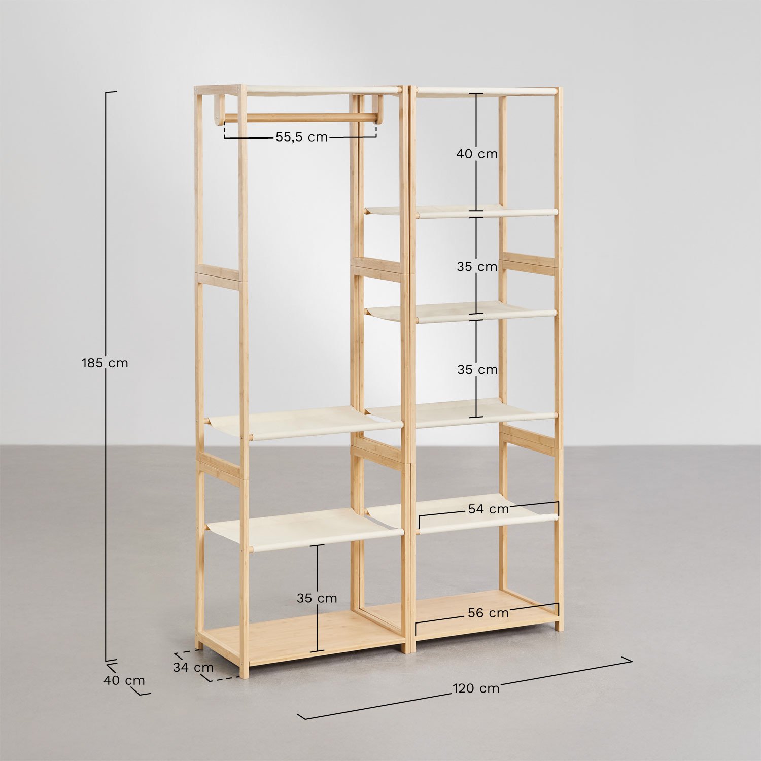 Deneb 2-piece open modular wardrobe with bamboo shelving, medidas