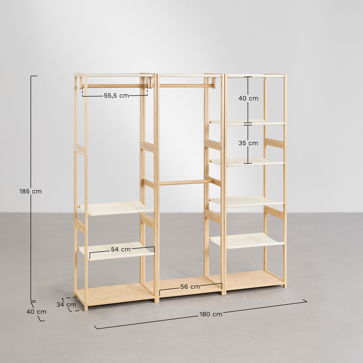 Deneb Bamboo 3-Piece Open Modular Wardrobe with Shelving and Clothes Rack, medidas