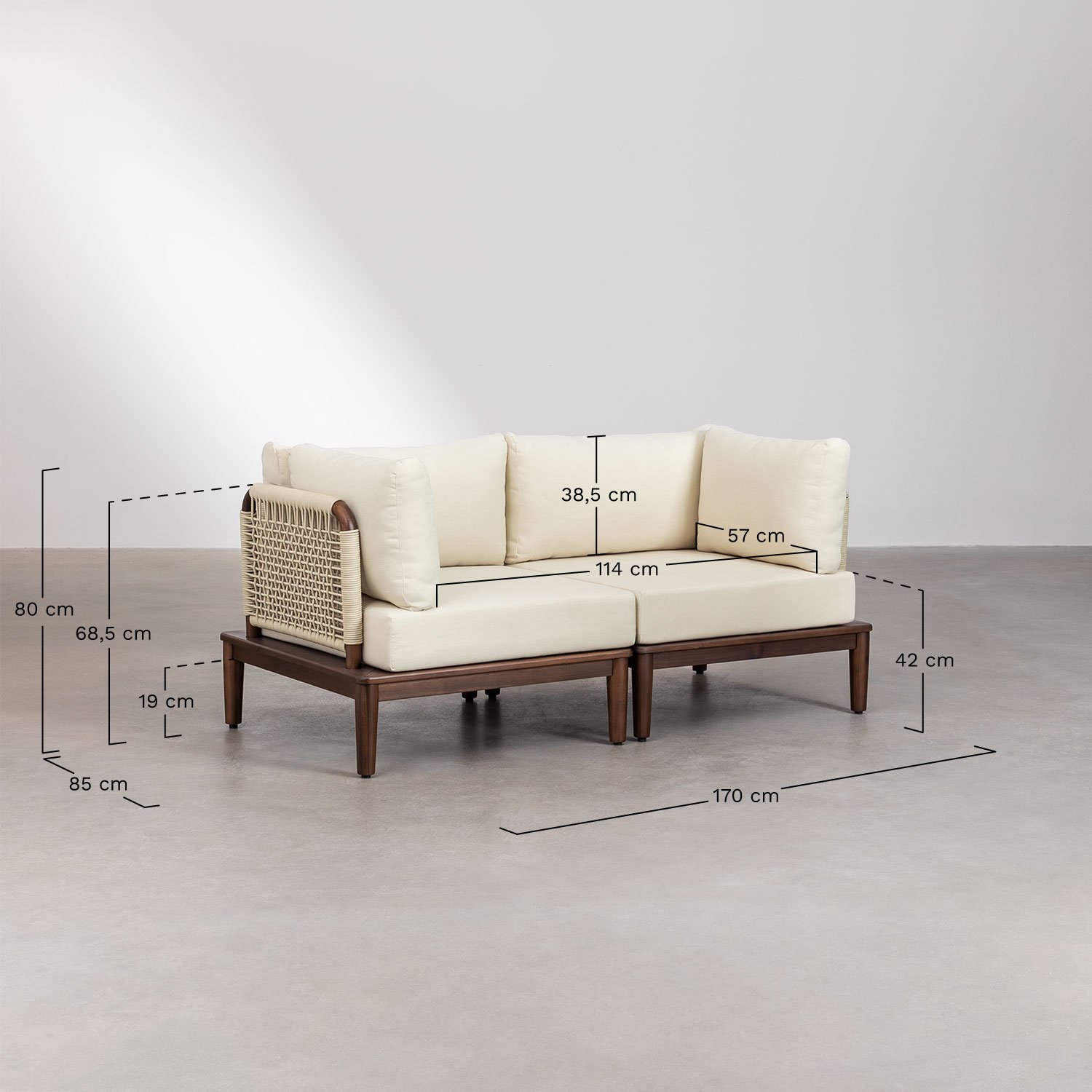 2-piece modular sofa with 2 corner chairs in acacia Giulia, medidas