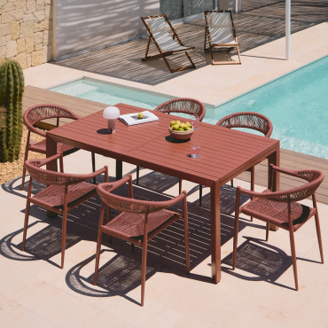 Set Of 180-240x100 Cm Rectangular Extendable Table In Starmi Aluminum And 6 Amatria Garden Chairs In Aluminum And Synthetic Ratt Red Roof Tile - Sklum