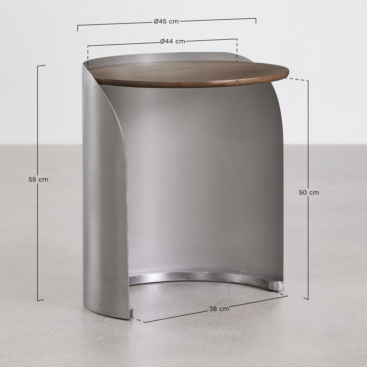 Round nightstand in mango wood and stainless steel Xireisa, medidas