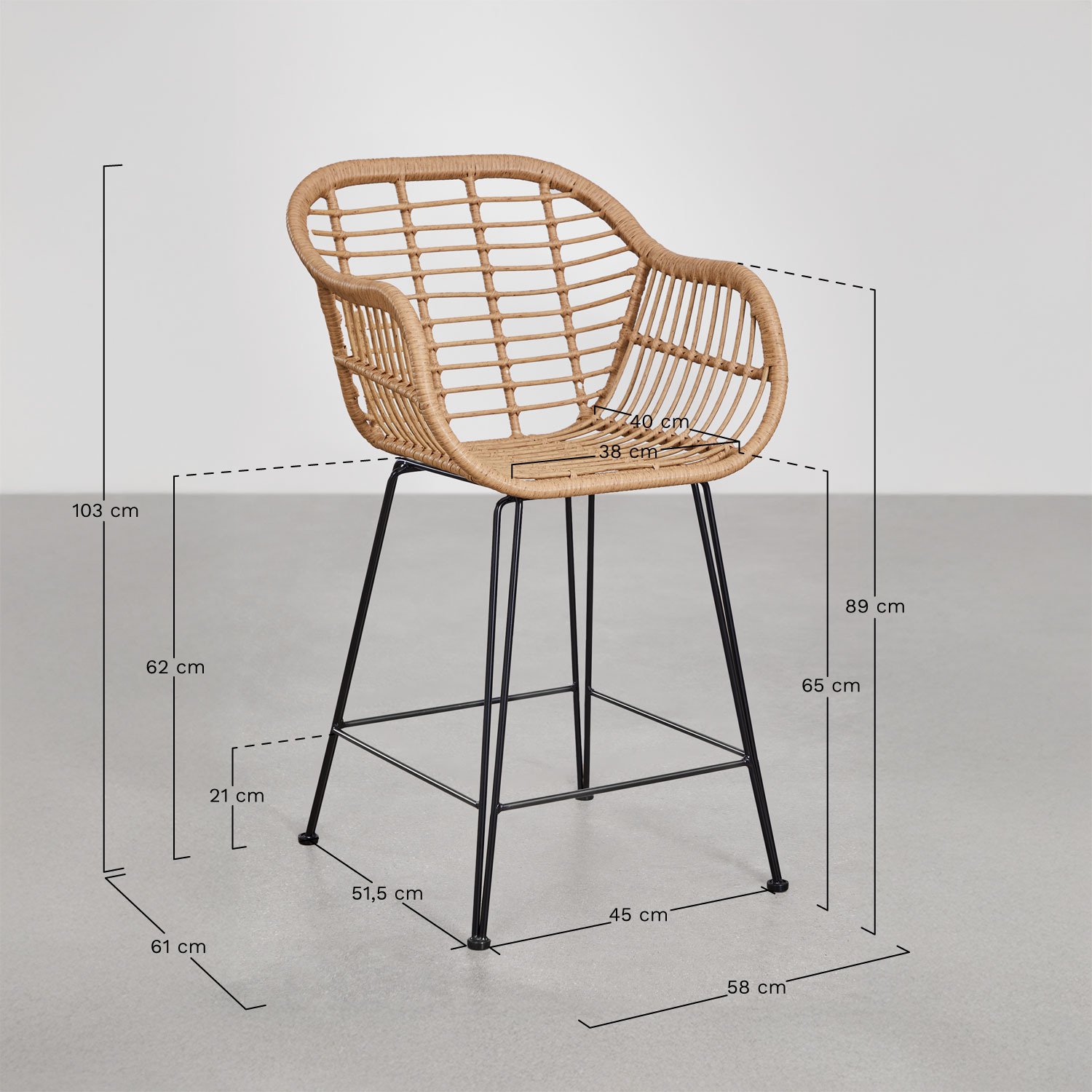 Pack of 2 Zole synthetic wicker high stools, medidas