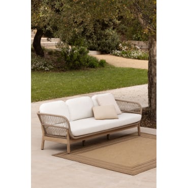 3-seater Garden Sofa In Acacia Wood And Braided Rope Karvia Light Brown Acacia & Fabric White - Sklum