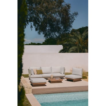 Garden Set With A 4-piece Modular Corner Sofa, Coffee Table, And Ottoman In Dailin Acacia Wood. Acacia Brown - Sklum