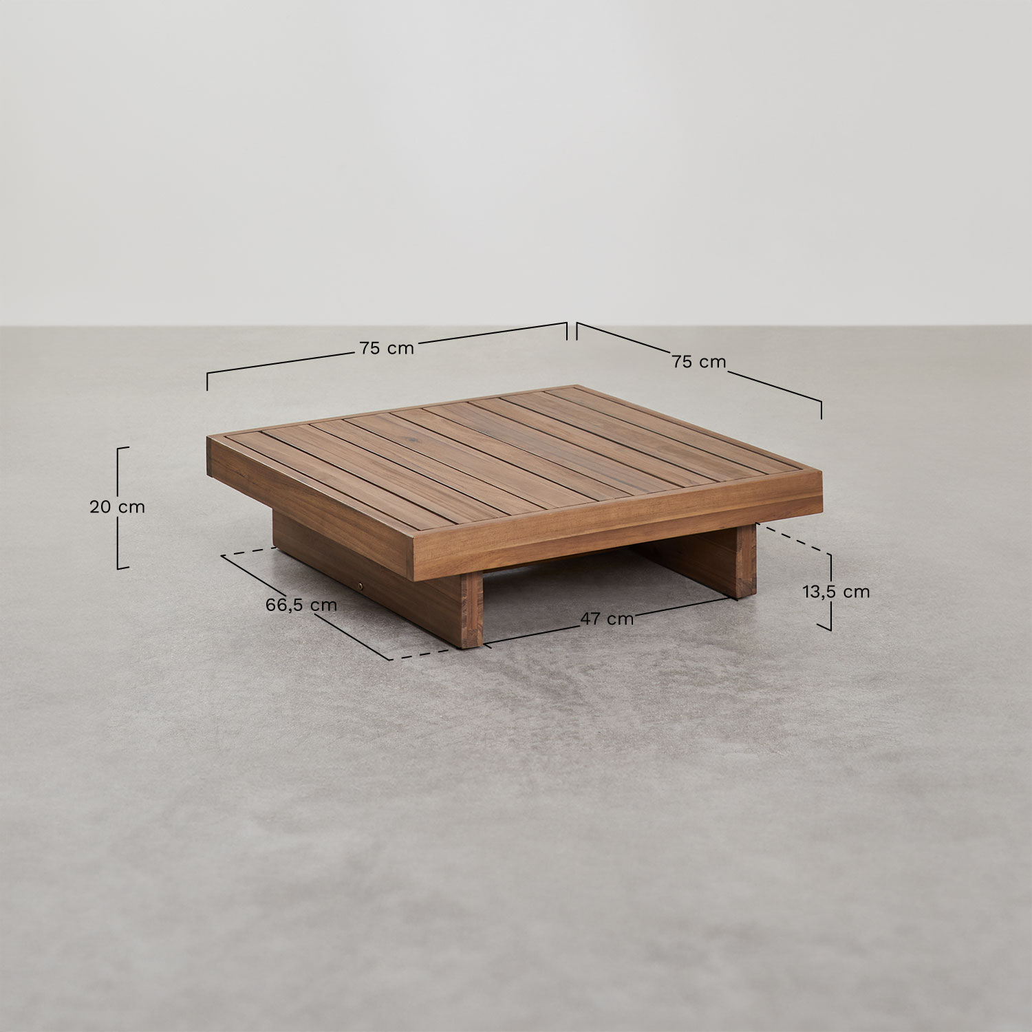 Living room set with a 4-piece modular corner sofa, coffee table, and ottoman in Dailin acacia wood, medidas