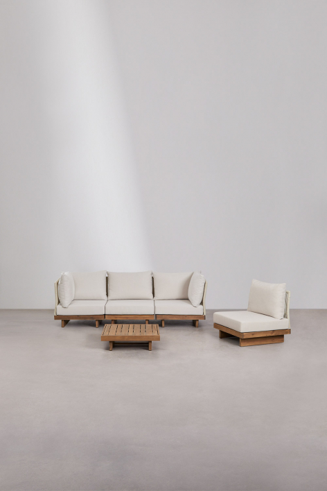 Living room set with 4-piece modular corner sofa and coffee table in Dailin acacia wood