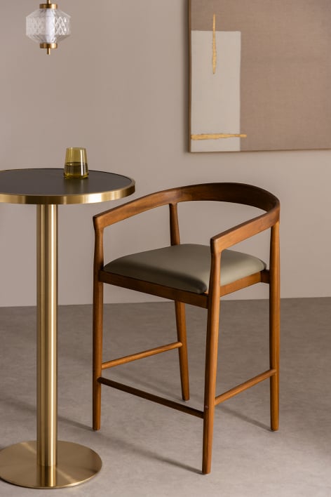 High stool 70 cm in teak wood and army green leather Visby