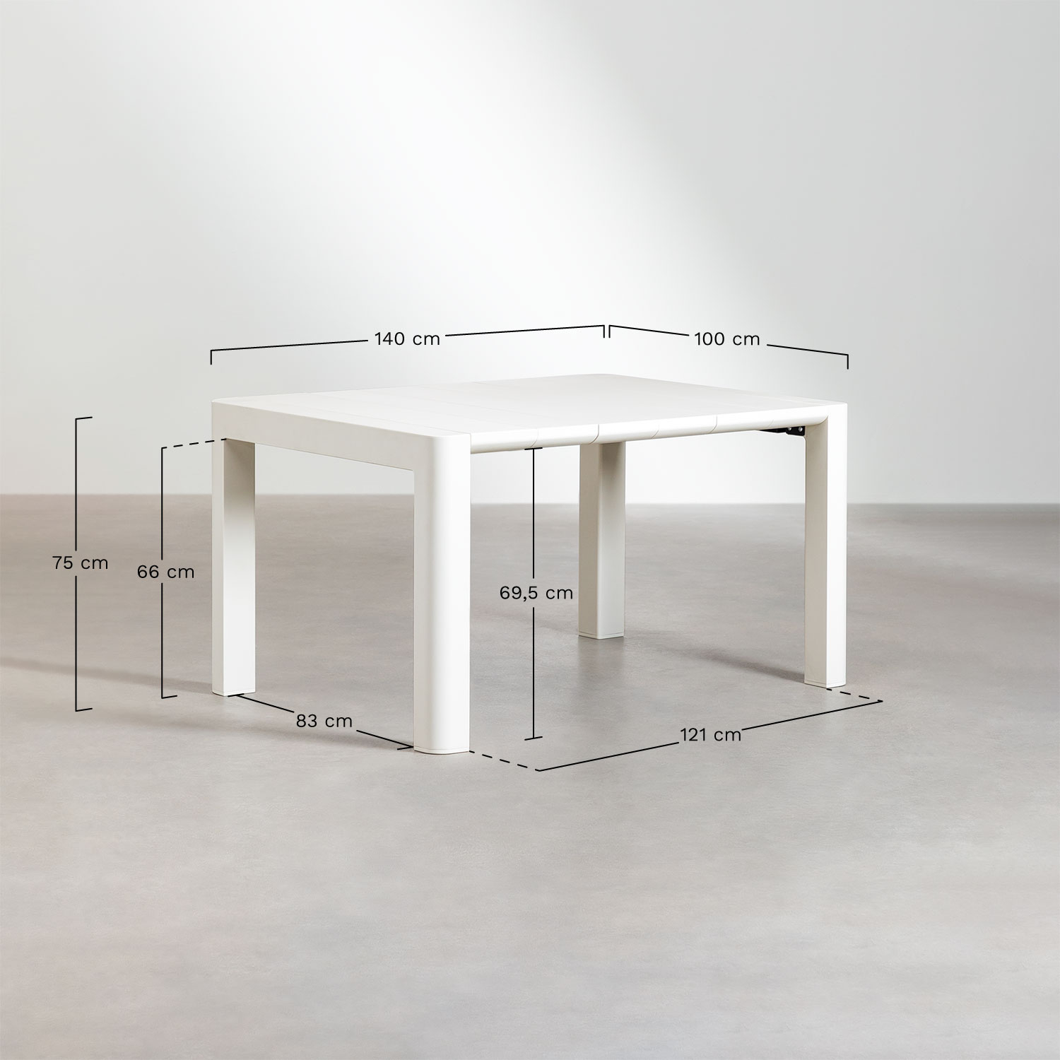 Arnadine Rectangular Table Set (140x100 cm) and 4 Stackable Garden Chairs with Omara Armrests, medidas