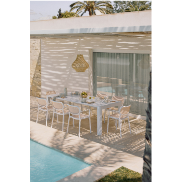 Arnadine Rectangular Table Set (220x100 Cm) And 8 Omara Stackable Garden Chairs With Armrests Gardenia White - Sklum