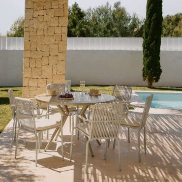 Valerie Round Table Set, 125 Cm Diameter, And 6 Alberta Aluminum Garden Chairs With Armrests. Brown Moka & Light Grey - Sklum