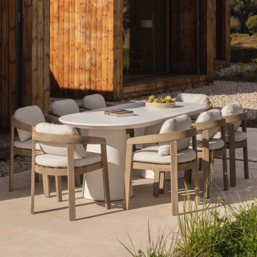 Set Of 220x95 Cm Oval Table In Noemi Cement And 8 Uleno Acacia Wood Garden Chairs White - Sklum