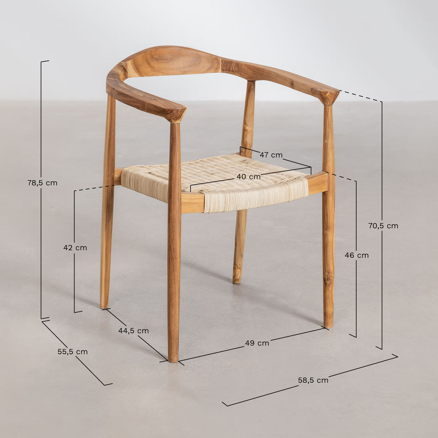 Pack of 2 dining chairs with armrests in rattan and teak wood Kiemer, medidas