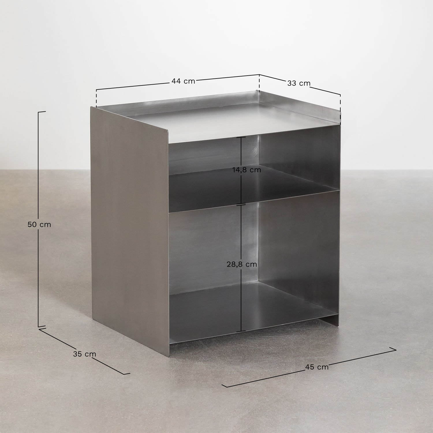 Pack of 2 rectangular 45x35 cm stainless steel nightstands Nolvia, medidas