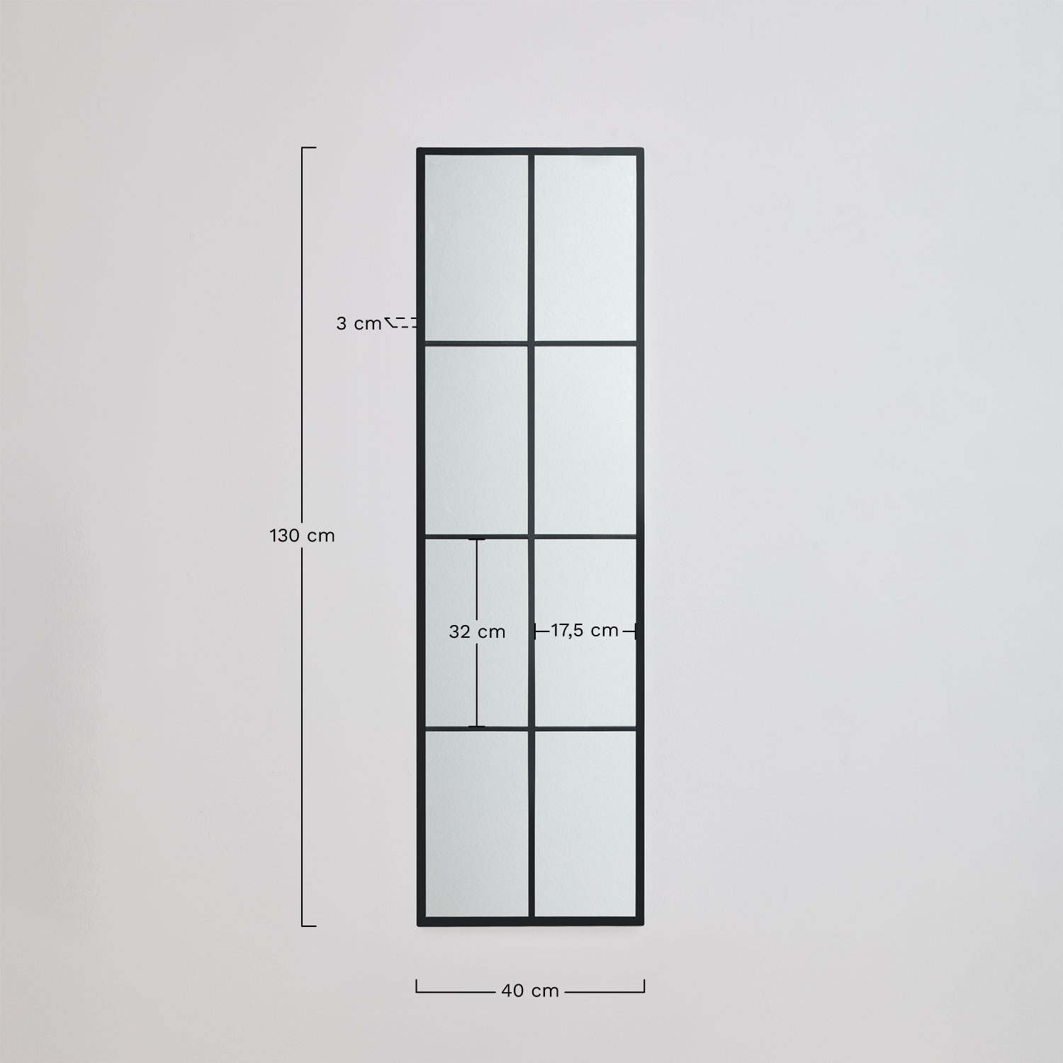 Rania window-effect metal wall mirror 40x130 cm, medidas