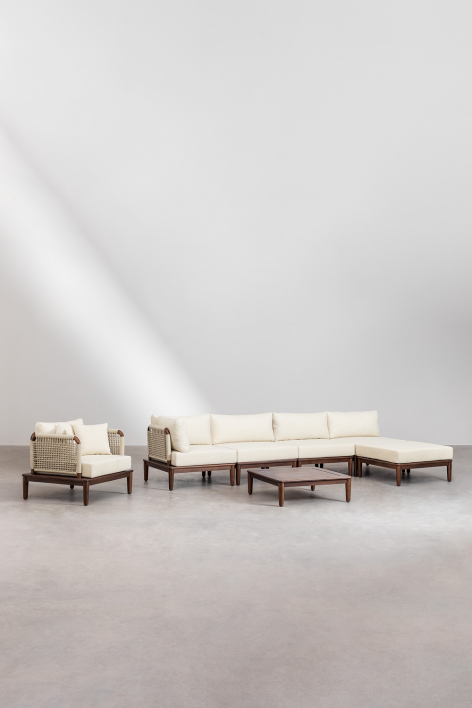 4-piece corner modular sofa living room set, coffee table, pouf, and armchair in acacia Giulia