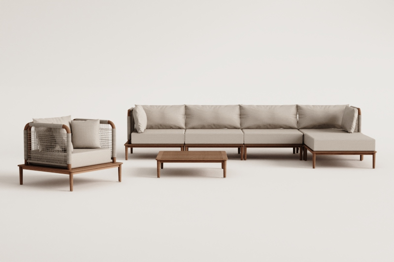 Giulia acacia living room set with 4-piece modular sofa with 2 corner chairs, coffee table, pouf, and armchair