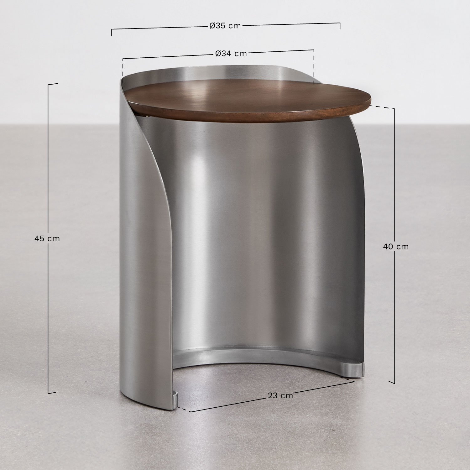 Round nesting nightstands in mango wood and stainless steel by Xireisa, medidas