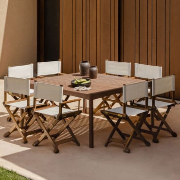 Set Of 150x150 Cm Square Table In Aderyn Acacia Wood And 8 Ridley Folding Garden Director's Chairs In Wood Off-white - Sklum