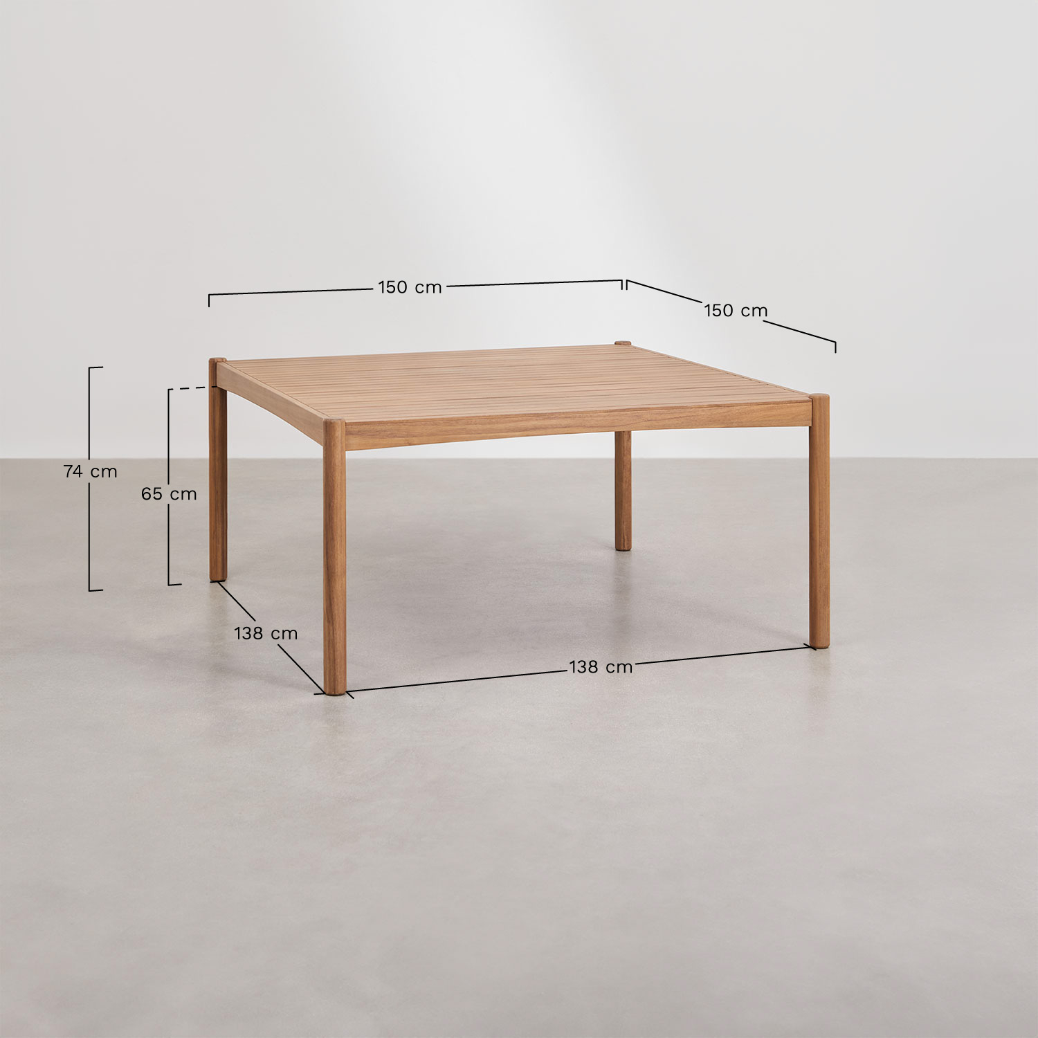 Set of 150x150 cm square table in Aderyn acacia wood and 8 Ridley folding garden director's chairs in wood, medidas