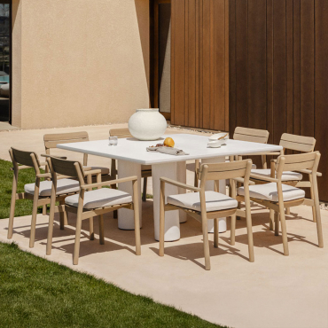 Set Of 150x150 Cm Square Table In Lisbon Cement And 8 Saira Acacia Wood Garden Chairs With Armrests Light Brown Acacia - Sklum