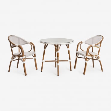 Brielle Bistro Round Table Set, Ø80 Cm, And Two Stackable Dining Chairs With Armrests In Aluminium. Gardenia White - Sklum