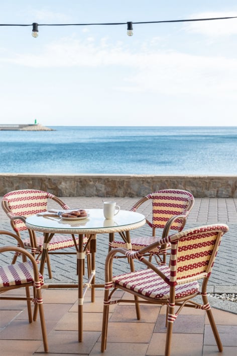 Round table set Ø80 cm Brielle Bistro and 4 garden chairs with armrests in synthetic rattan and aluminum Solange Bistro