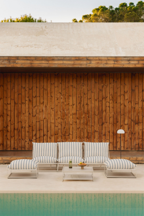 Amaro 3-piece modular sofa garden set with side table and 2 convertible poufs - Tapioca Beige - Navy Blue