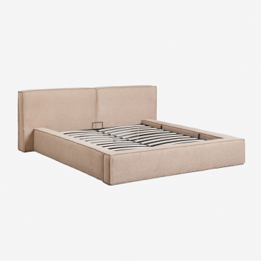 Upholstered Bed With Lift-up Storage Base Lunari Light Sand Brown Bouclé & 160 X 200 Cm & No Mattress - Sklum