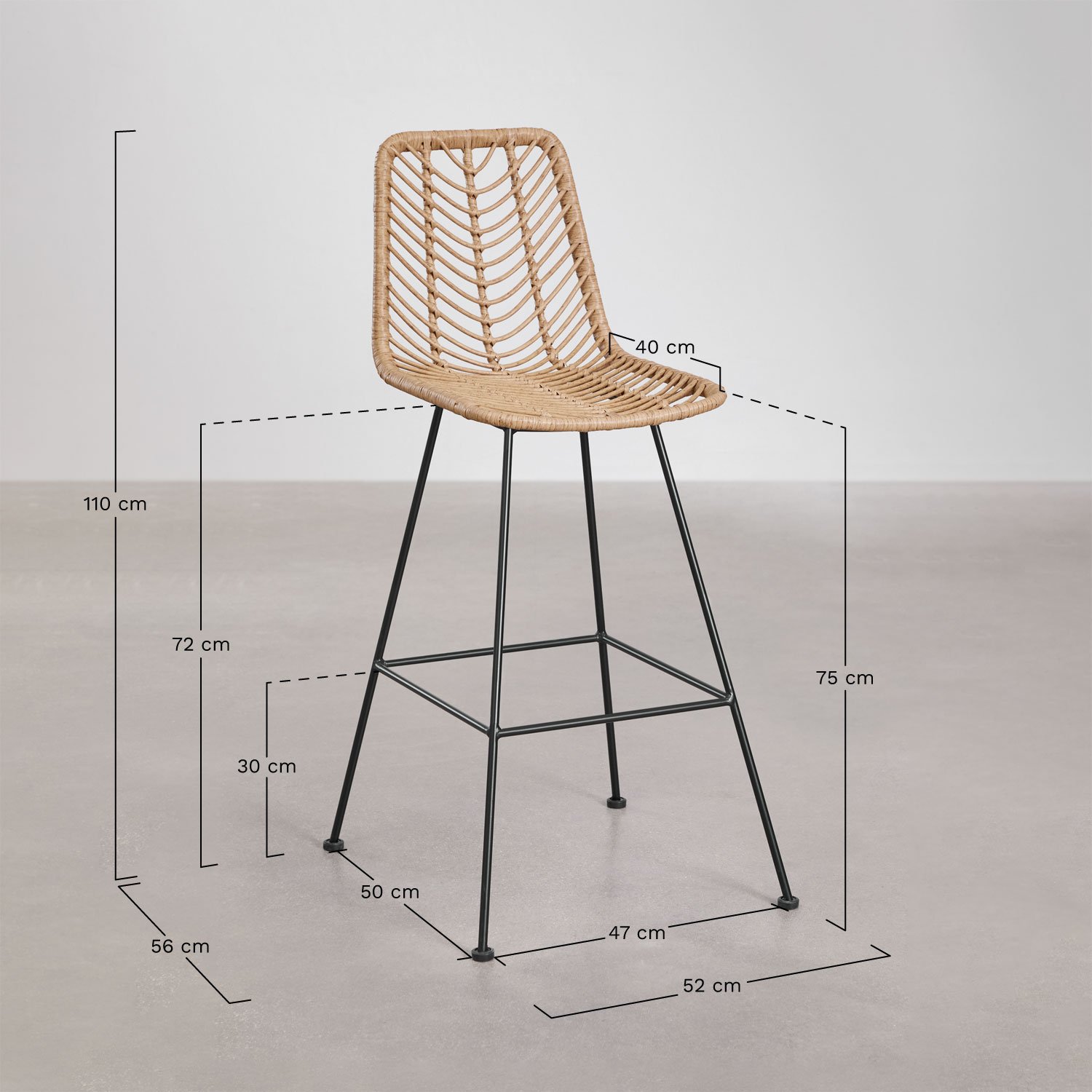 High garden stool in Gouda Natural synthetic rattan, medidas