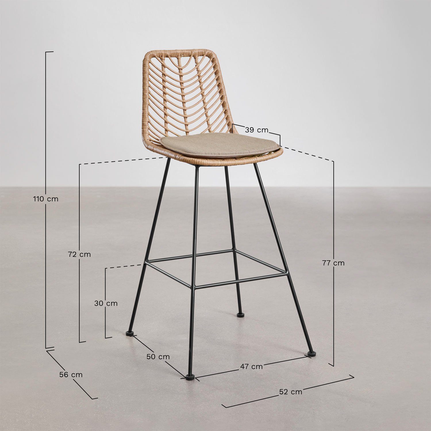 High garden stool in Gouda Natural synthetic rattan, medidas