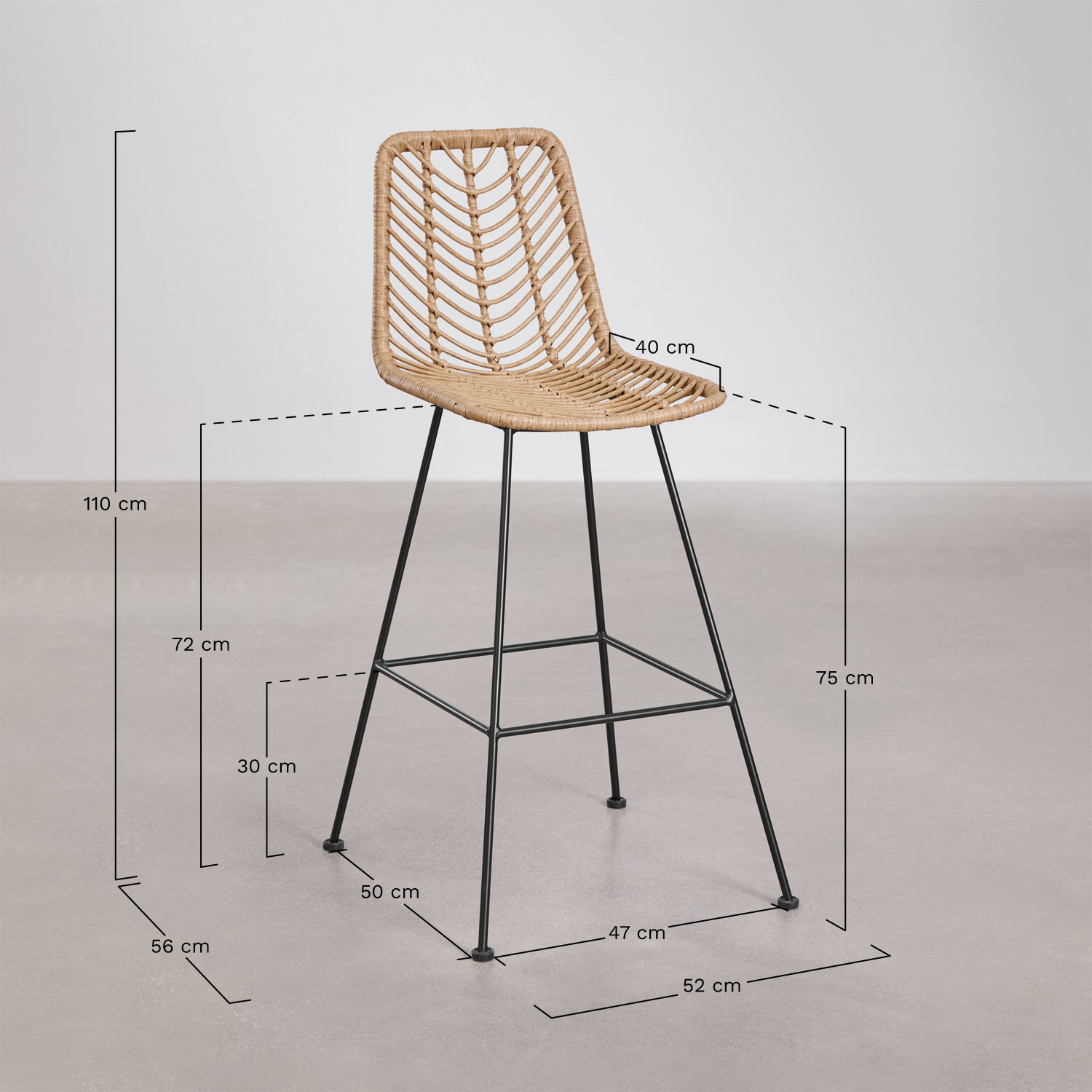 Pack of 2 high garden stools in Gouda Natural synthetic rattan, medidas