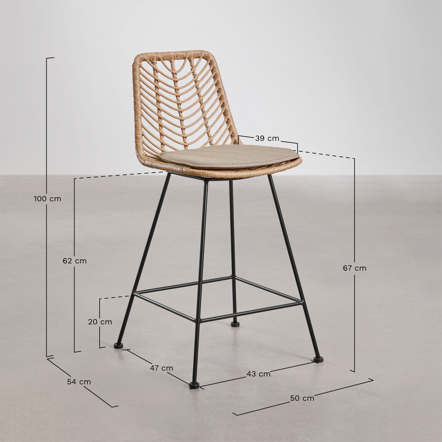 Pack of 4 high garden stools in Gouda Natural synthetic rattan, medidas