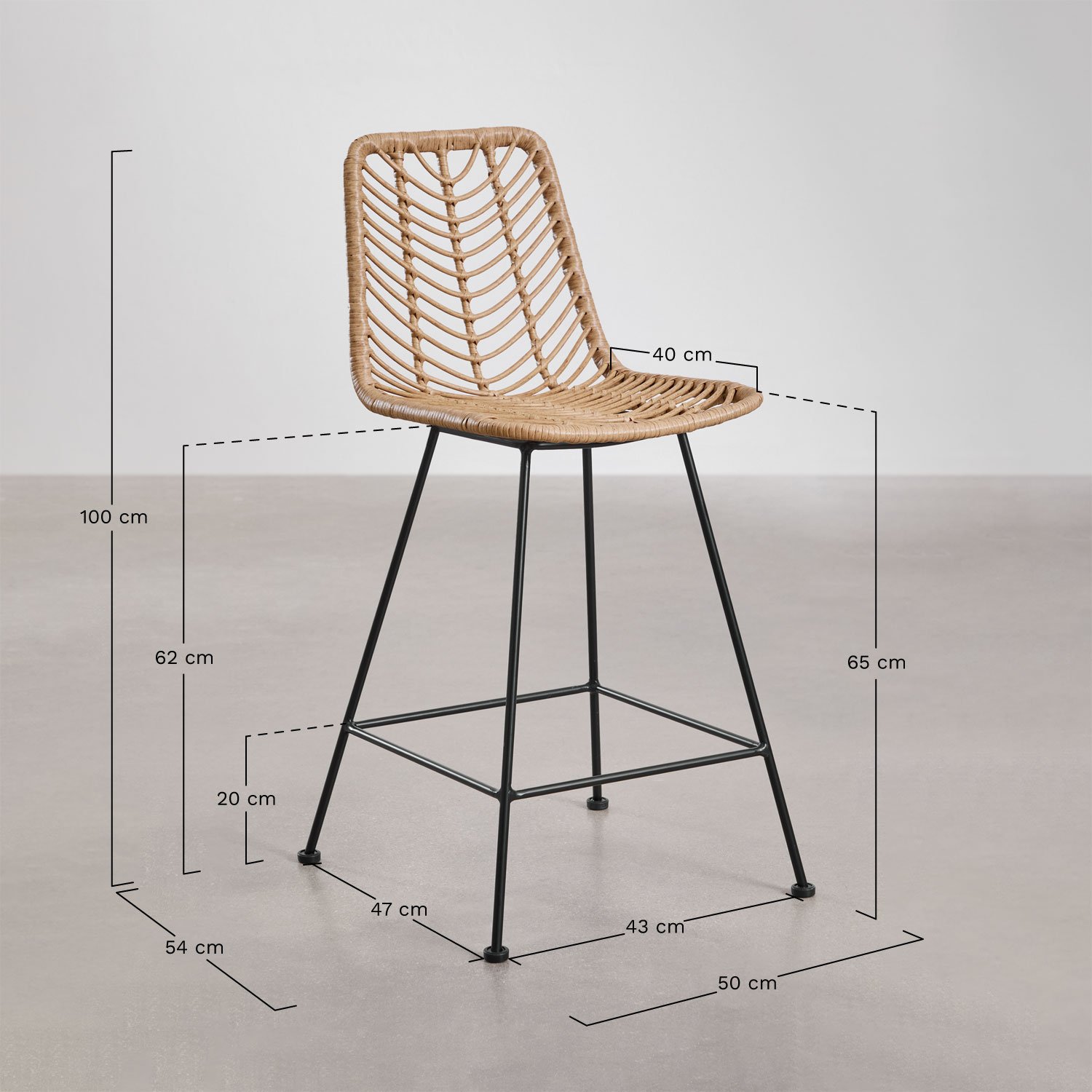 Pack of 4 high stools in Gouda Natural synthetic rattan, medidas