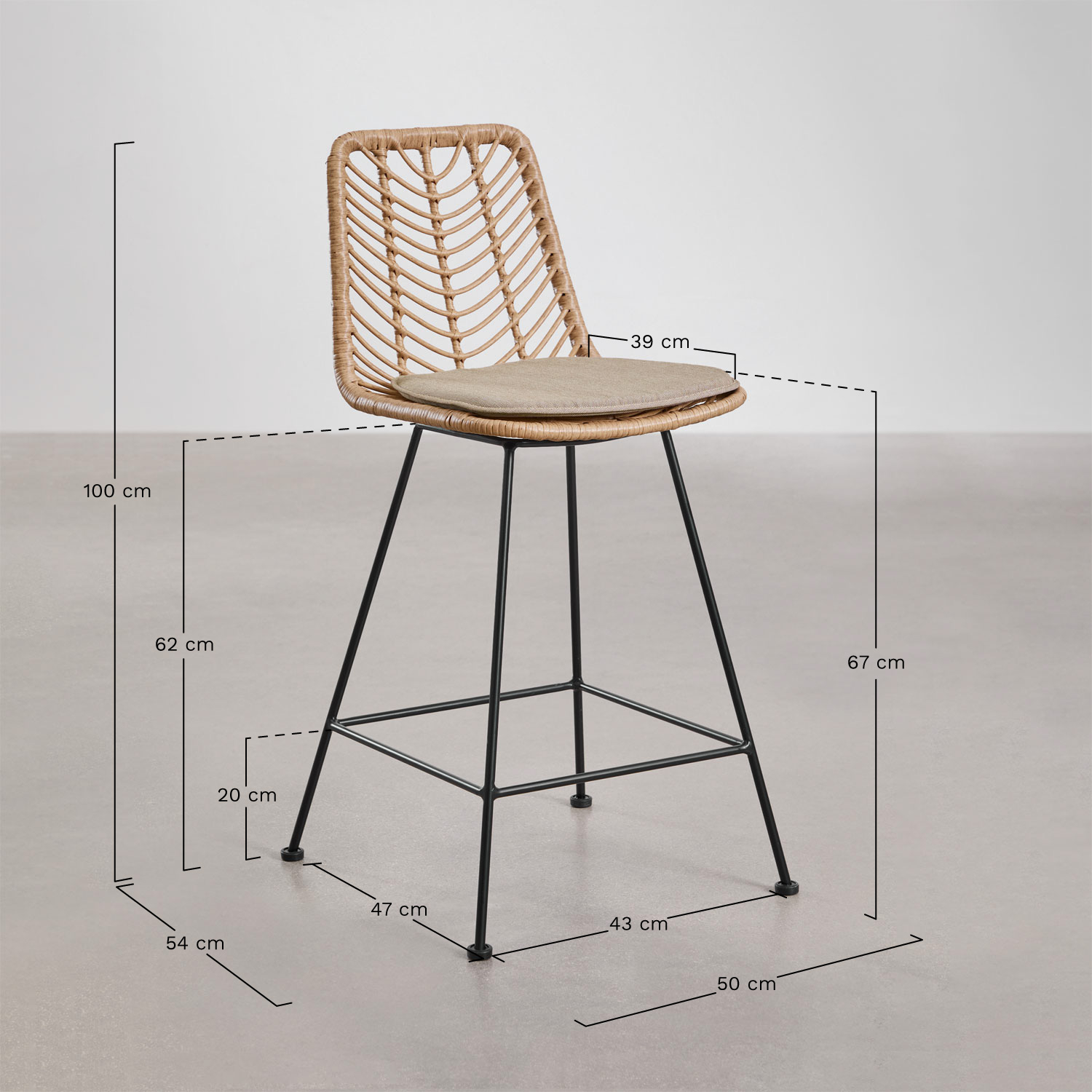 Pack of 4 high stools in Gouda Natural synthetic rattan, medidas