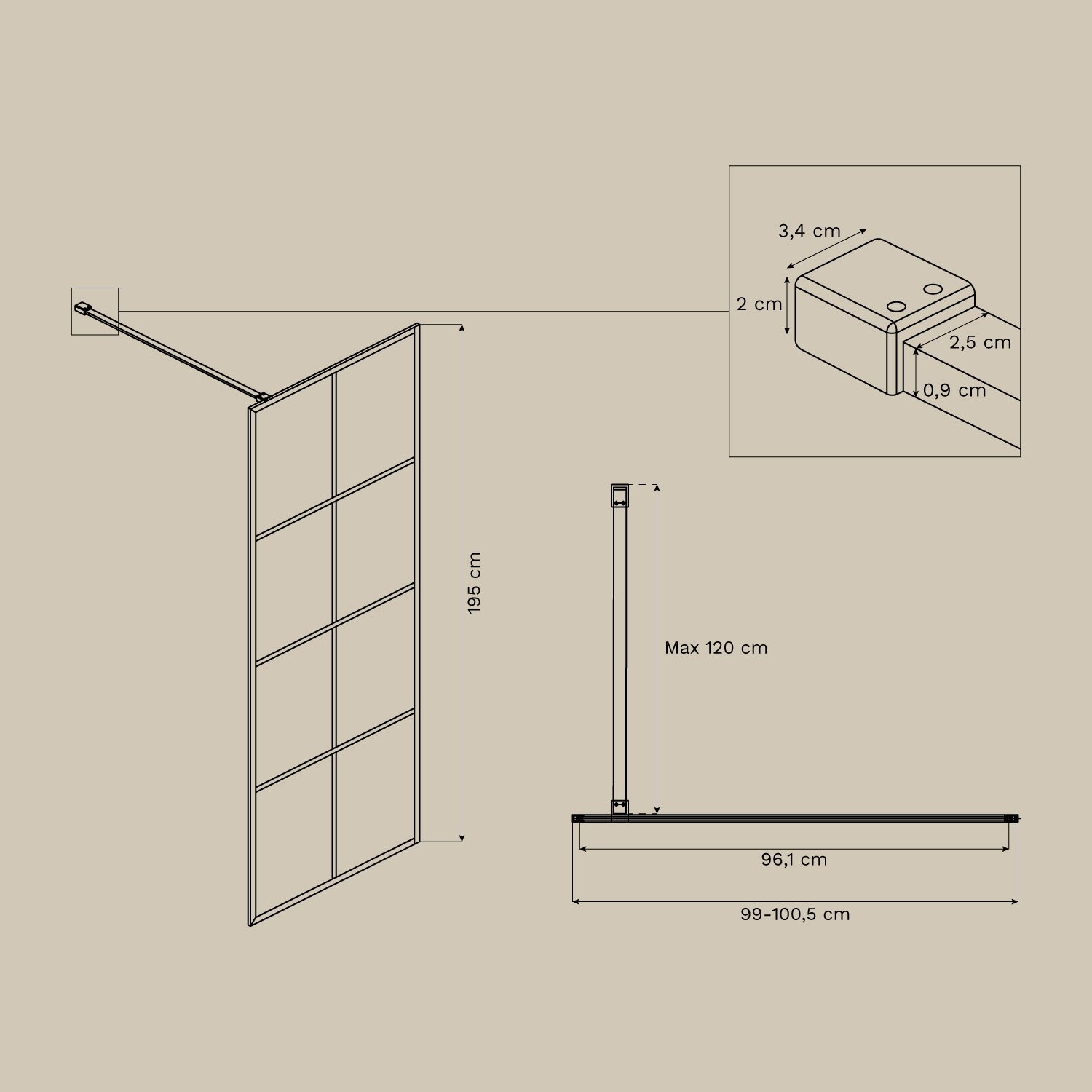 Fixed shower screen with checkered pattern, 8 mm tempered glass and Camden aluminum, medidas