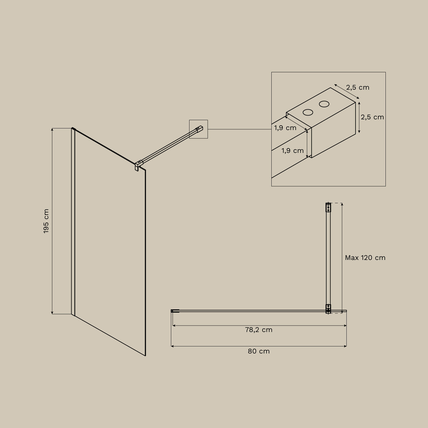 Fixed shower screen with 8 mm tempered glass and Bristol aluminum, medidas