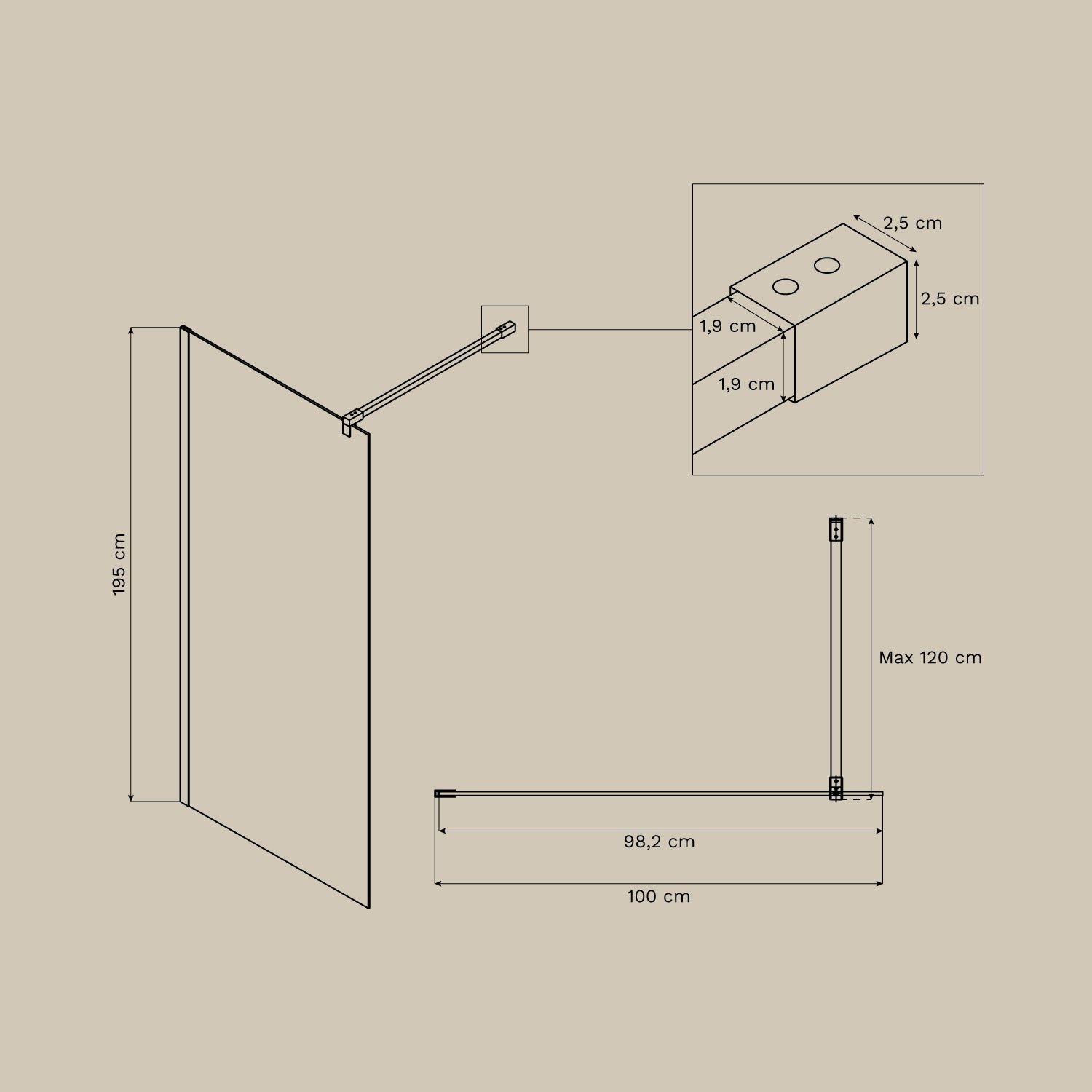 Fixed shower screen with 8 mm tempered glass and Bristol aluminum, medidas